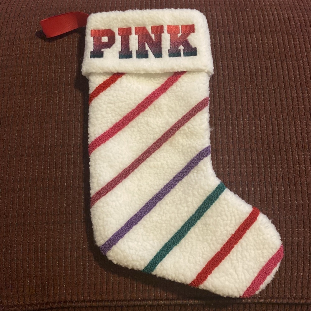 VICTORIA'S SECRET LIMITED EDITION CANDY STRIPE PLUSH SHERPA STOCKING PINK LOGO